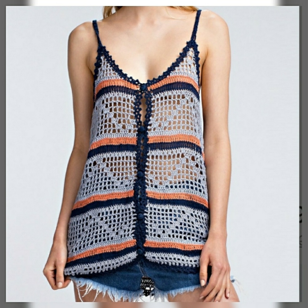 Gray & Blue Crochet Tank Top